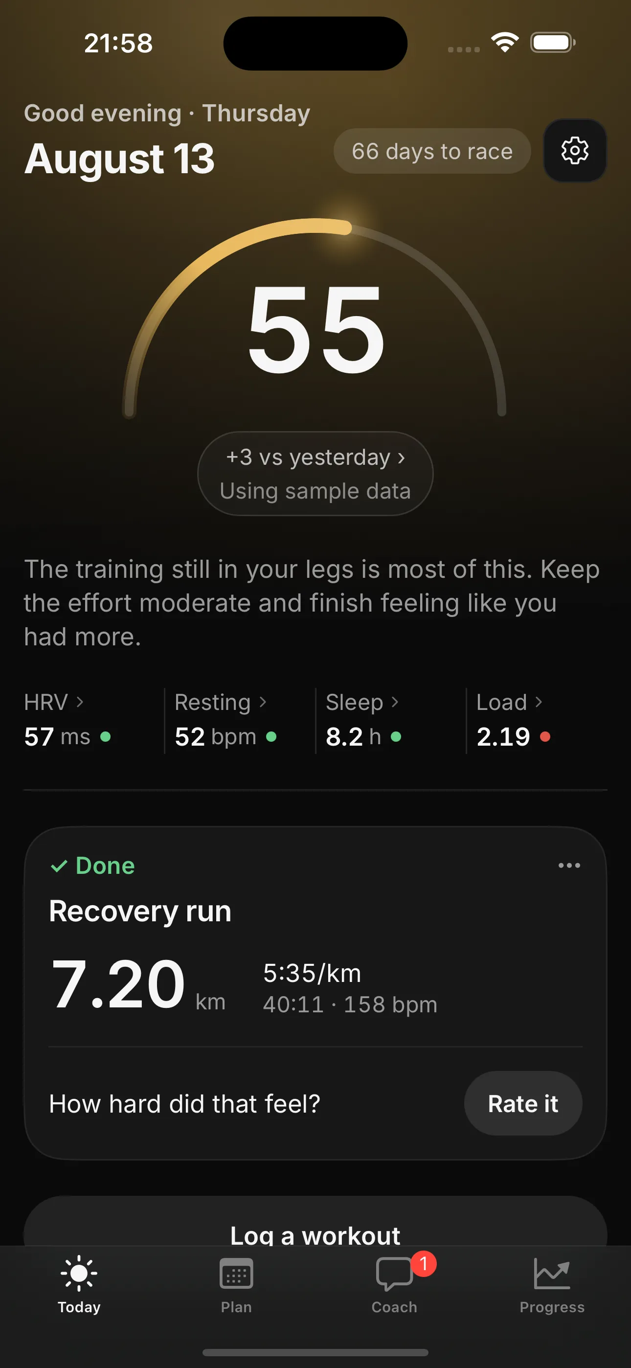 The Liftrun Today screen: a readiness score of 55, with the reasoning that the training still in your legs explains most of it, above real signals — HRV 57 ms, resting heart rate 52 bpm, sleep 8.2 h, training load 2.19 — and a completed 7.2 km recovery run.
